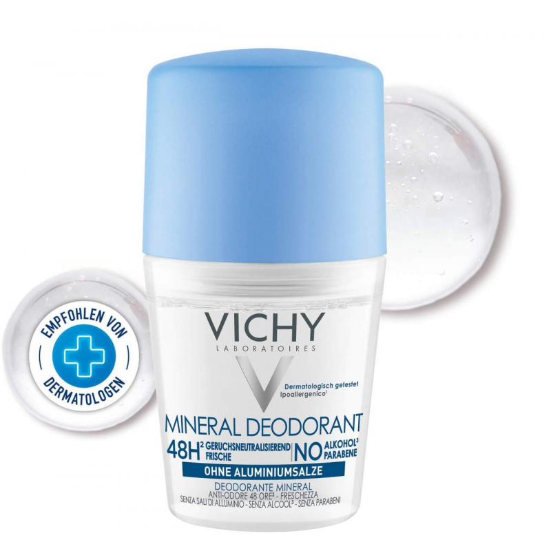 Vichy Deo Roll On Mineral 48h ohne Aluminium und Alkohol 50 ml Creme