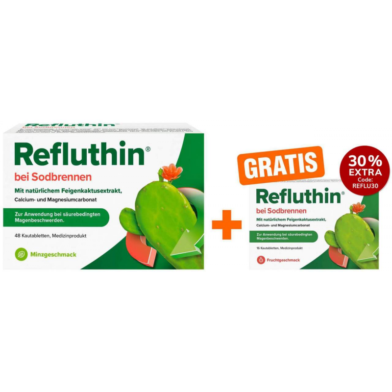 Refluthin Kautabletten Minzgeschmack 48 Stück + gratis Refluthin Kautabletten Fruchtgeschmack 16 Stück