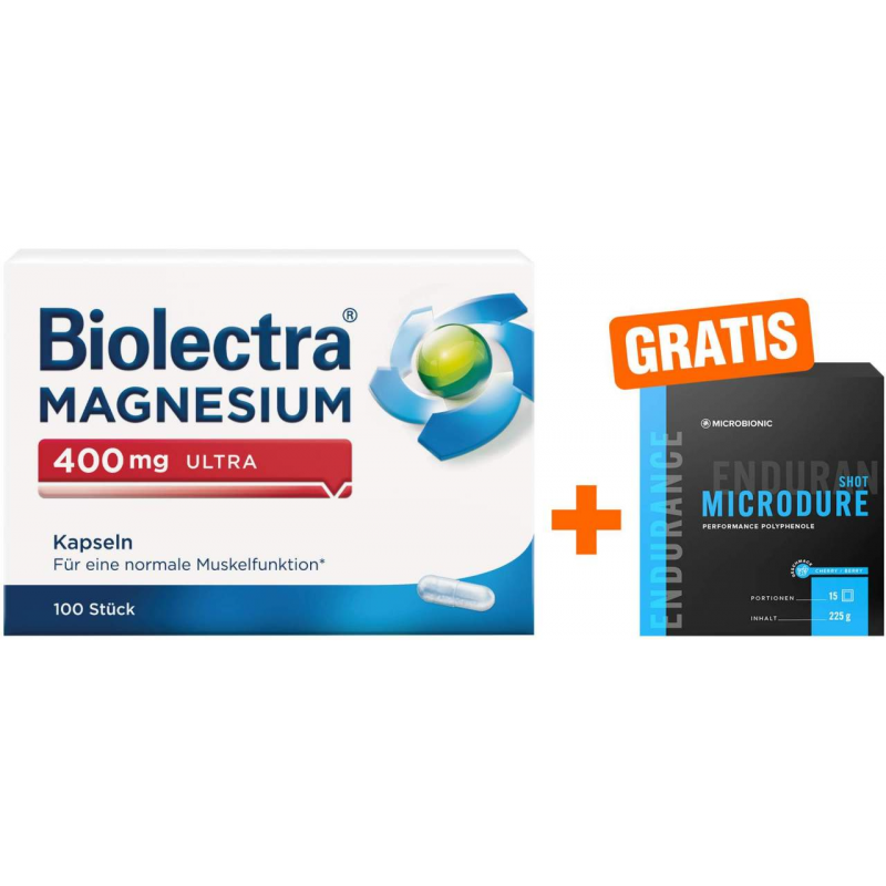 Biolectra Magnesium 400 mg ultra 100 Kapseln + gratis Microbionic Microdure Shot 15 Sachets