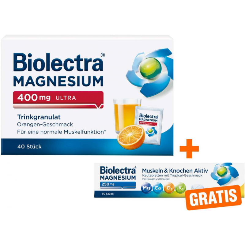 Biolectra Magnesium 400 mg ultra Trinkgranulat Orangengeschmack 40 Stück + gratis Magnesium 250 mg Aktiv 30 Kautabletten