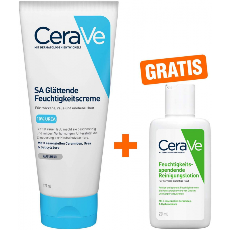 CeraVe SA Urea Glättende Feuchtigkeitscreme 177 ml + gratis Feuchtigkeitsspendende Reinigungslotion 20 ml