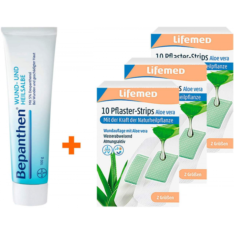 Bundle Bepanthen Wund- und Heilsalbe 100 g + Pflaster-Strips Aloe Vera 3 x 10 Stück