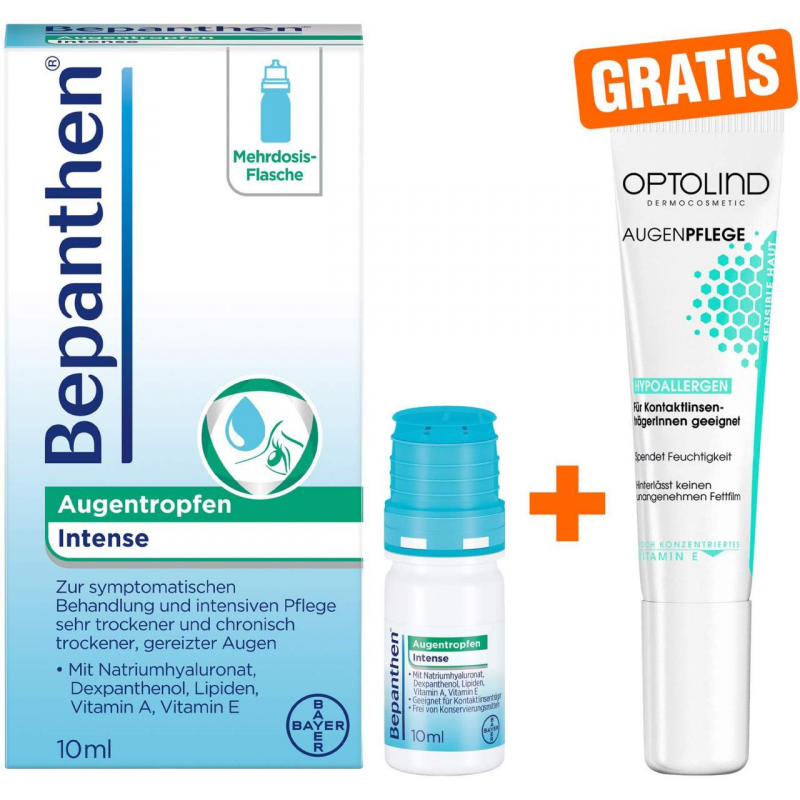 Bepanthen Augentropfen Intense 10 ml + gratis Optolind Empflindl. Haut Augenpflege 15 ml