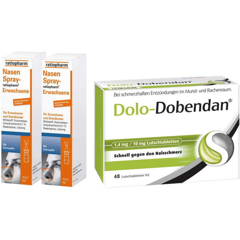 Sparset Erkältung 2 x Nasenspray Ratiopharm für Erwachsene 15 ml + Dolo Dobendan 1,4 mg und 10 mg 48 Stück