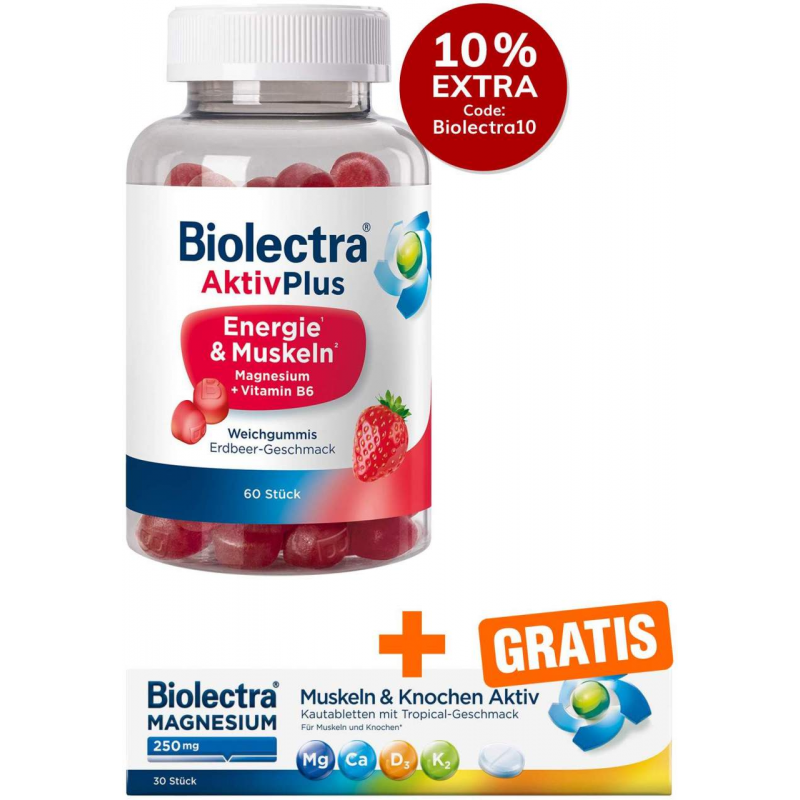 Biolectra AktivPlus Energie & Muskeln Erdbeere 60 Weichgummis + gratis Biolectra Aktiv Magnesium 250 30 Kautabletten