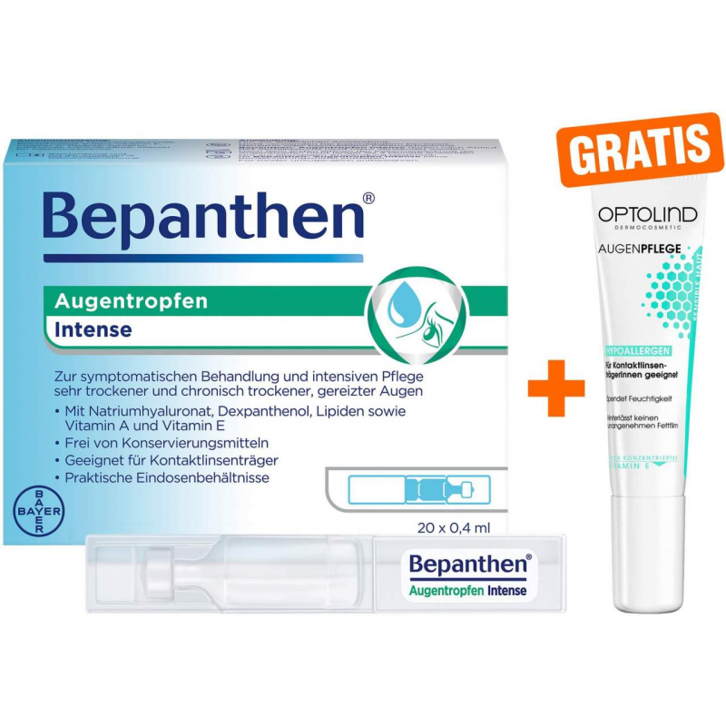Bepanthen Augentropfen Intense 20 x 0,4 ml + gratis Optolind Empfindl. Haut Augenpflege 15 ml