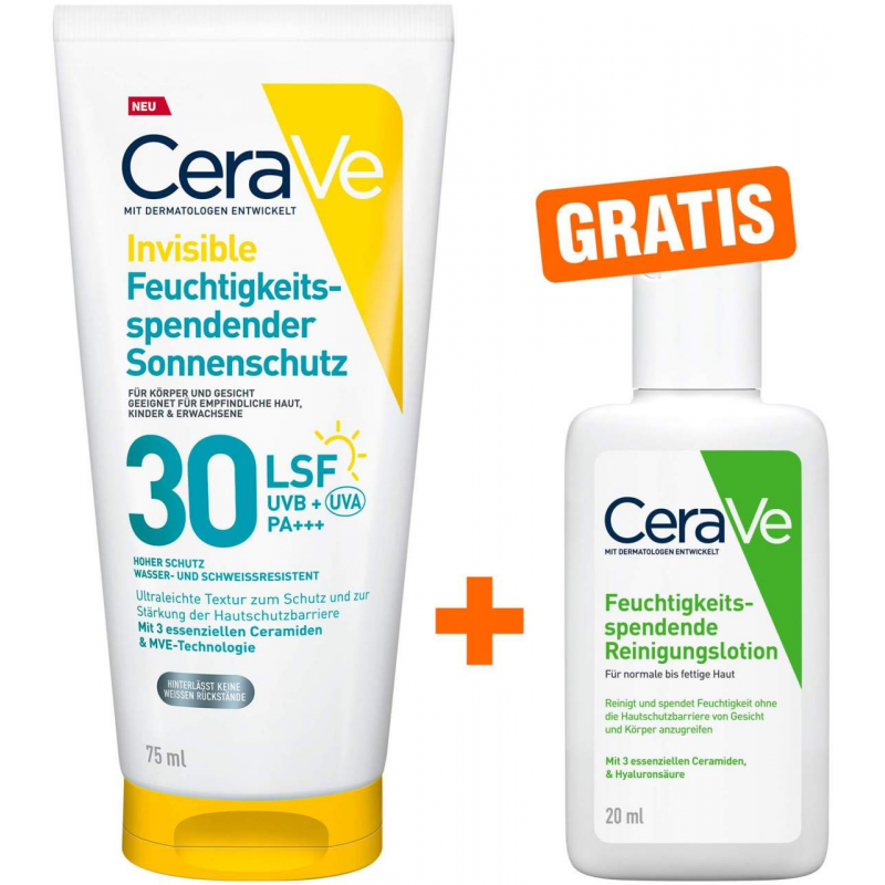 CeraVe Invisible Feuchtigkeitsspendender Sonnenschutz LSF 30 75 ml + gratis CeraVe Reinigungslotion 20 ml