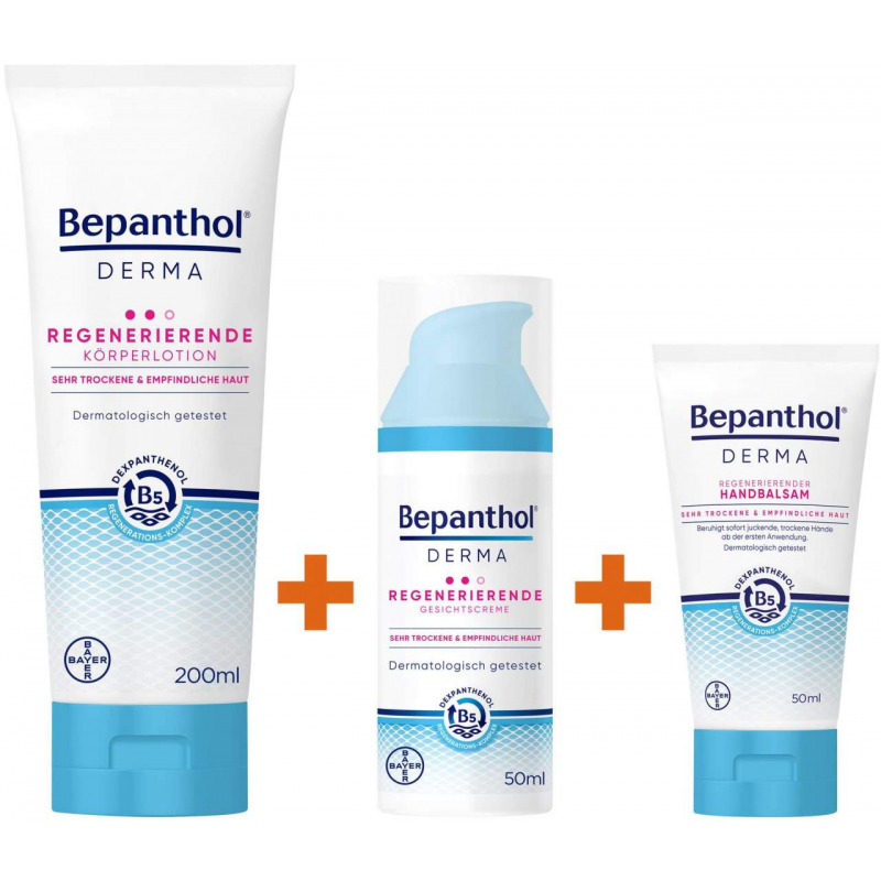 Bepanthol DERMA Regenerierende Körperlotion 200 ml Tube + Derma Gesichtscreme 50 ml + Derma Handbalsam 50 ml