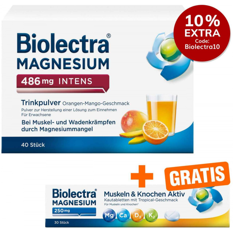 Biolectra Magnesium 486 mg intens Trinkpulver Orange-Mango 40 Stück + gratis Biolectra Magnesium 250 mg 30 Kautabletten