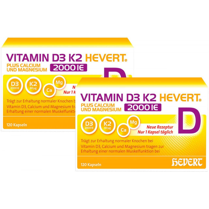 Vitamin D3 K2 Hevert + Calcium und Magnesium 2000IE 2 x 120 Kapseln
