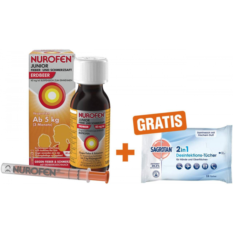 Nurofen Junior Fieber- & Schmerzsaft Erdbeer 40mg pro ml 100 ml + Sagrotan 2 in 1 Desinfektionstücher 15 Stück