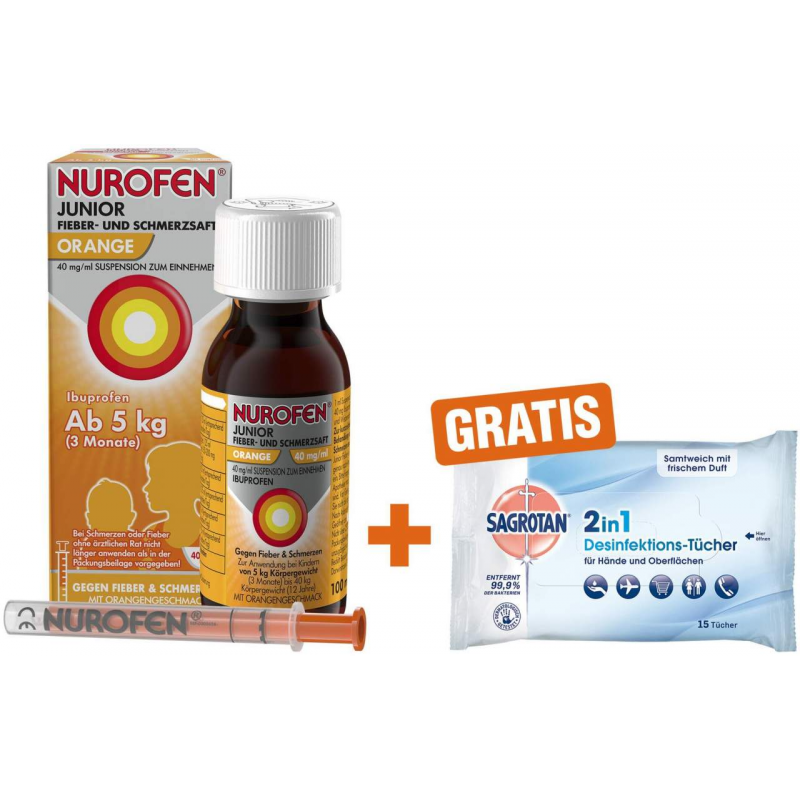 Nurofen Junior Fieber- & Schmerzsaft Orange 40mg pro ml 100 ml + Sagrotan 2 in 1 Desinfektionstücher 15 Stück