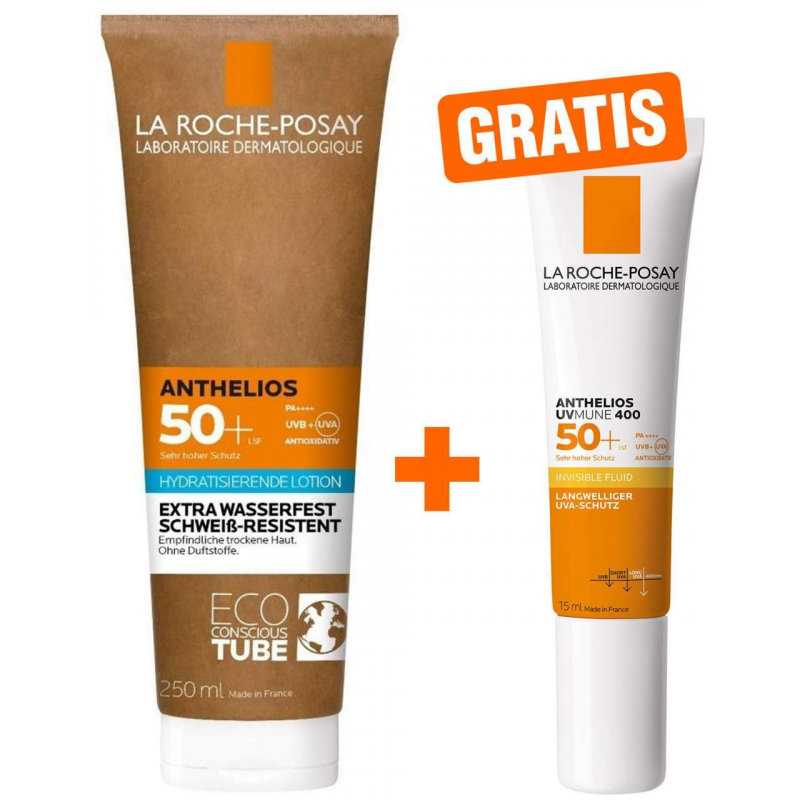 La Roche Posay Anthelios Milch LSF50+ Papp-Tube 250 ml + gratis Invisible Fluid UVMune 400 LSF50+ 15 ml