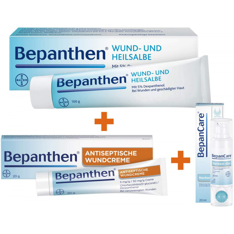 Bepanthen Wund u Heilsalbe 100 g + Bepanthen Antiseptische Wundcreme 20 g + BepanCare Narbengel mit Massageroller 20 ml