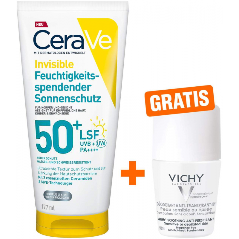 CeraVe Invisible Feuchtigkeitsspendender Sonnenschutz LSF 50+ 177 ml + gratis Vichy Deo Roll-on Anti Flecken 48h 50 ml