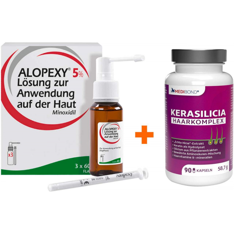 Bundle Alopexy 5 % Lösung 3 x 60 ml + Kerasilicia Haarkomplex 90 Kapseln