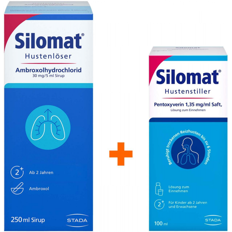 Silomat Hustenlöser Ambroxolhydrochlorid 30mg je 5ml Sirup 250 ml + Silomat Hustenstiller Pentoxyverin 100 ml