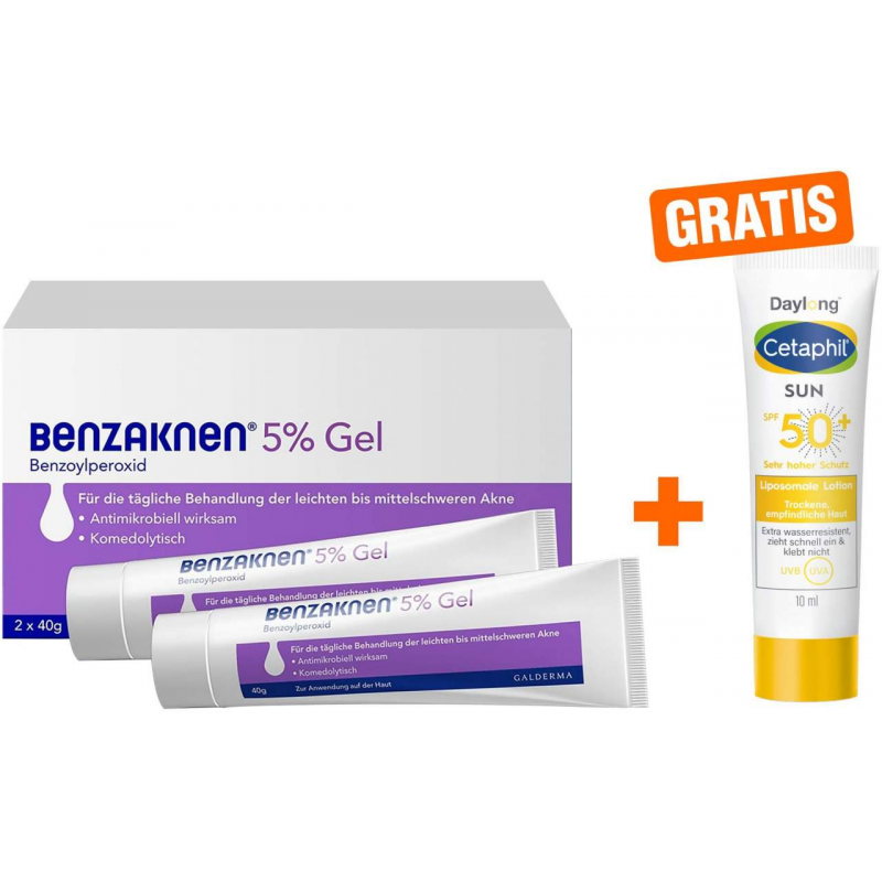 Benzaknen 5% Gel 2 x 40 g + gratis Cetaphil Sun Daylong SPF 50+ Liposomale Lotion 10 ml