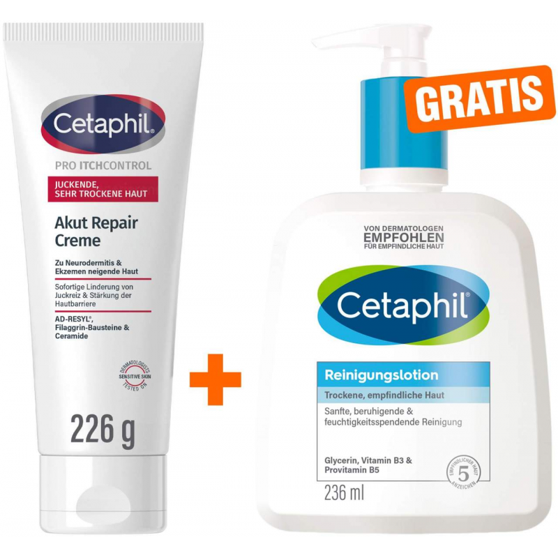 Cetaphil Pro Itch Control Akut Repair Creme 226 g + gratis Cetaphil Reinigungslotion 236 ml