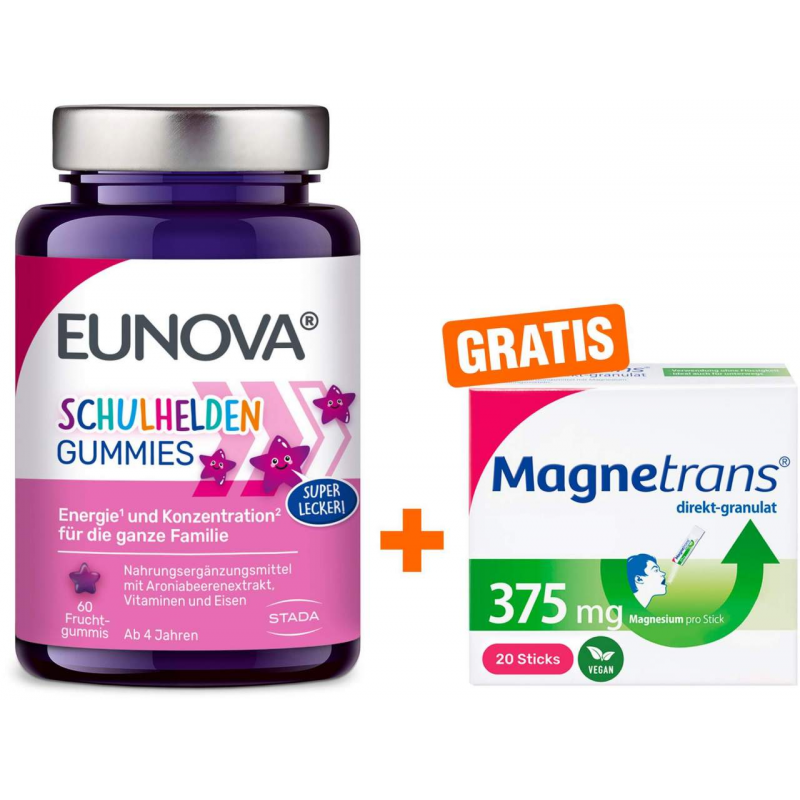 Eunova Schulhelden Gummies 60 Bonbons + gratis Magnetrans direkt 375 mg Granulat