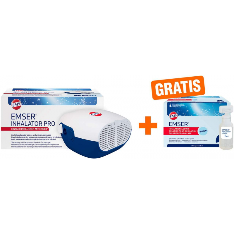 Emser Inhalator Pro Druckluftvernebler 1 Stück + gratis Inhalationslösung 20 x 5 ml 20 Ampullen