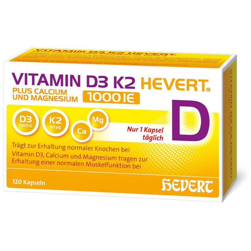 Vitamin D3 K2 Hevert + Calcium und Magnesium 1000IE 120 Kapseln