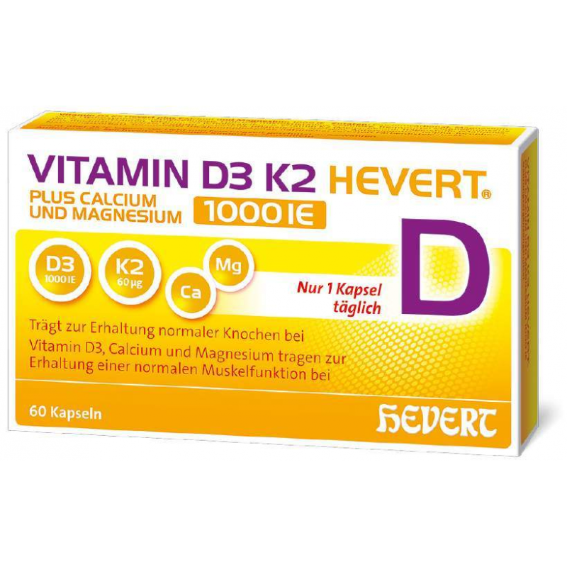 Vitamin D3 K2 Hevert + Calcium und Magnesium 1000IE 60 Kapseln