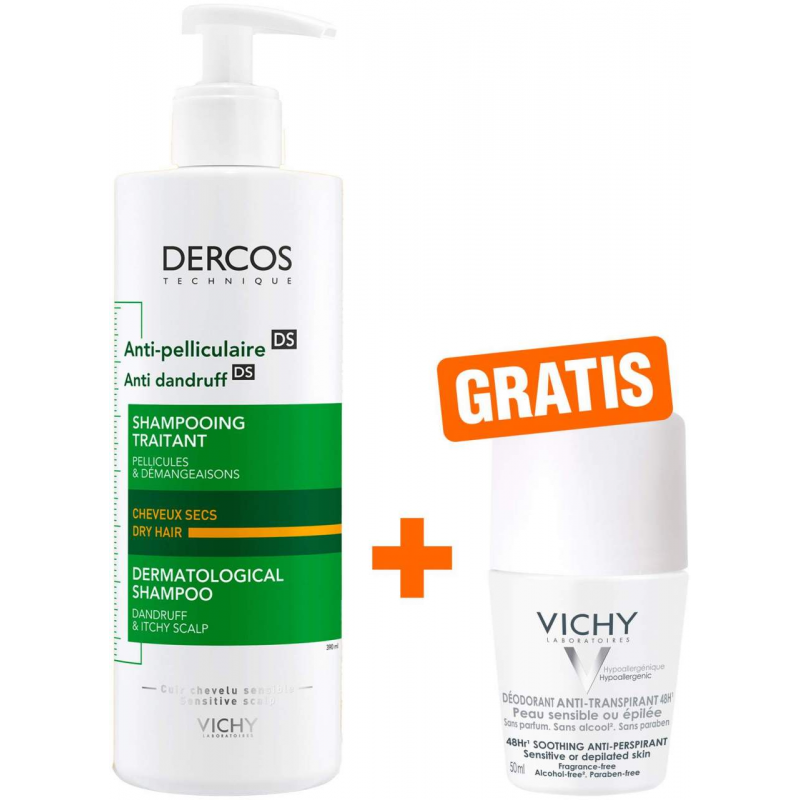 Vichy Dercos Anti-Schuppen Shampoo Trockene Kopfhaut 390 ml + gartis Vichy Deo Roll-on Anti Flecken 48h 50ml