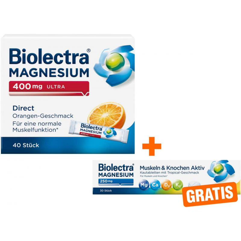 Biolectra Magnesium 400 mg ultra Direct Orangengeschmack 40 Pellets + gratis Magnesium 250 mg Aktiv 30 Kautabletten