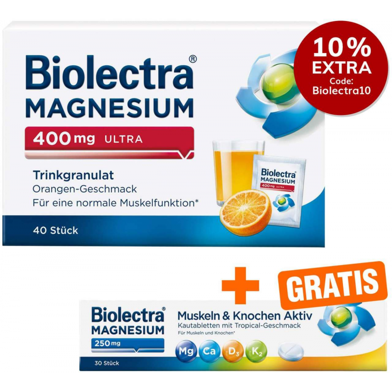 Biolectra Magnesium 400 mg ultra Trinkgranulat Orangengeschmack 40 Stück + gratis Magnesium 250 mg Aktiv 30 Kautabletten
