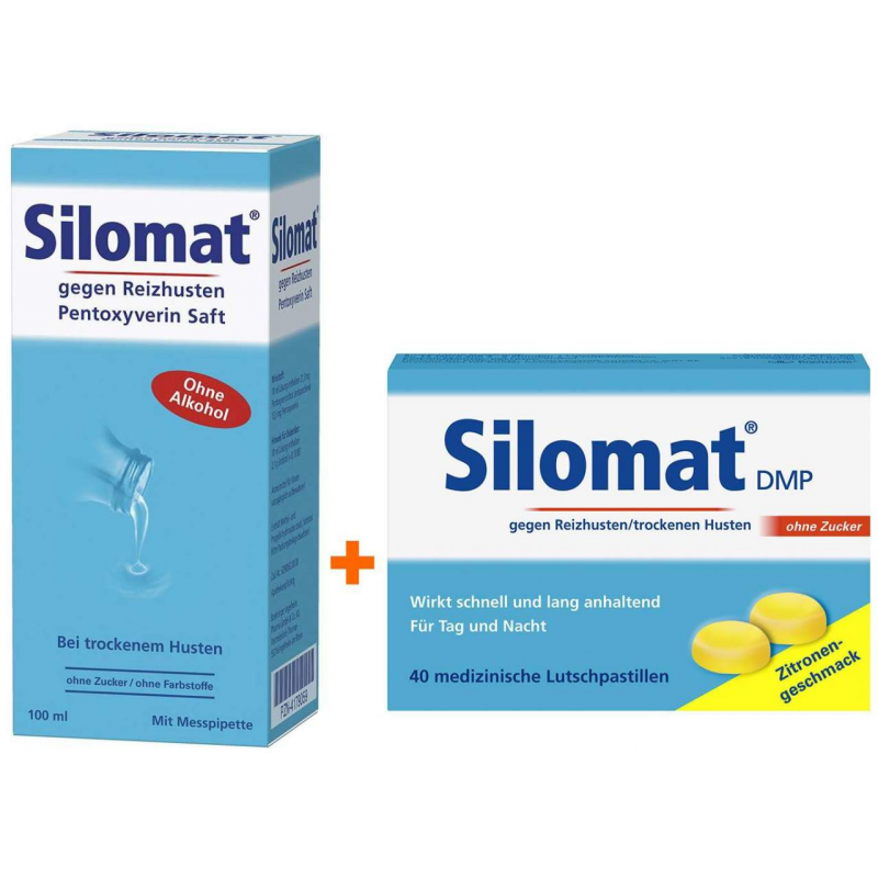 Sparset Erkältung Silomat 100 ml Saft + Silomat DMP Zitronen - Geschmack 40 Pastillen