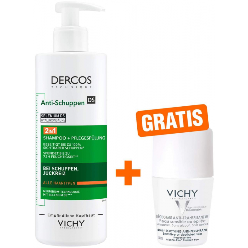 Vichy Dercos Anti-Schuppen 2in1 Shampoo + Conditioner 390 ml + gratis Vichy Deo Roll-on Anti Flecken 48h 50ml