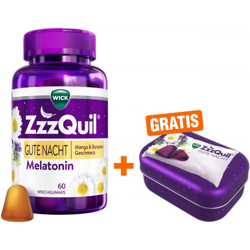 Wick ZzzQuil Gute Nacht Mango & Banane 60 Weichgummis + gratis Wick ZzzQuil Reise-Dose 1 Stück