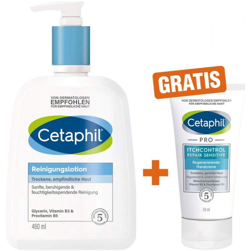 Cetaphil Reinigungslotion 460 ml + gratis Pro Itch Control Repair sensitive Regenerierende Handcreme 50 ml