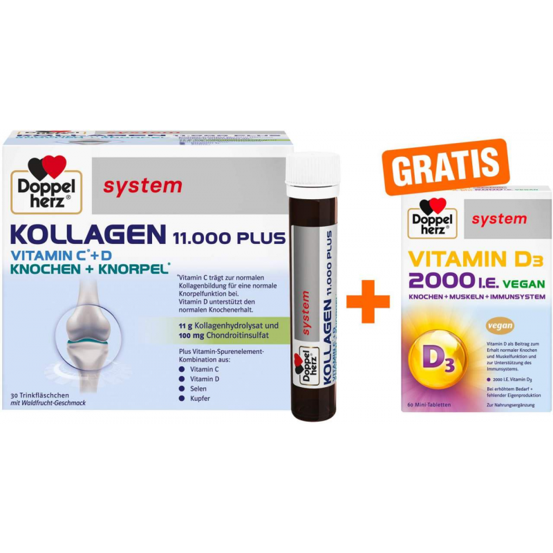 Doppelherz system Kollagen 11000 30 x 25 ml Ampullen + gratis Doppelherz Vitamin D3 2000 I.E. vegan 60 Tabletten