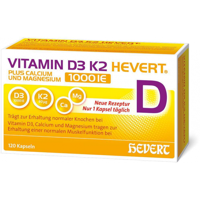 Vitamin D3 K2 Hevert + Calcium und Magnesium 1000IE 120 Kapseln