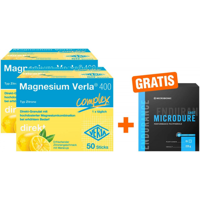 Magnesium Verla 400 Complex Direkt Granulat 2 x 50 Stück + gratis Microbionic Microdure Shot 15 Sachets