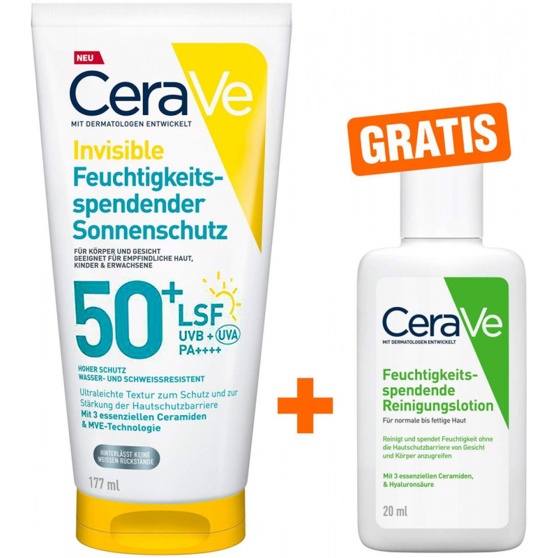 CeraVe Invisible Feuchtigkeitsspendender Sonnenschutz LSF 50+ 177 ml + gratis CeraVe Reinigungslotion 20 ml