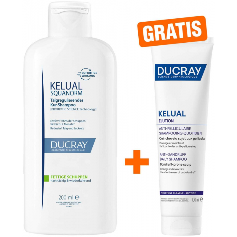 Ducray Kelual Squanorm fettige Schuppen 200 ml Shampoo + gratis Ducray Elution ausgl. Shampoo 100 ml