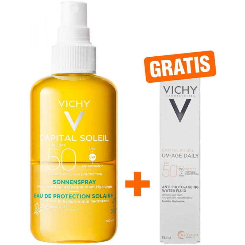 Vichy Capital Soleil Sonnenspray mit Hyaluron LSF 50 200 ml + gratis Vichy Capital Soleil UV-Age Daily LSF 50+ 15 ml