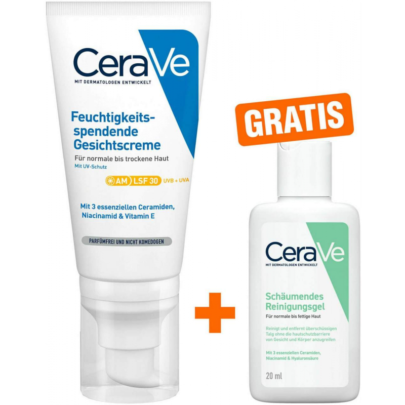 CeraVe Feuchtigkeitsspendende Gesichtscreme LSF 30 52 ml + gratis Schäumendes Reinigungsgel 20 ml