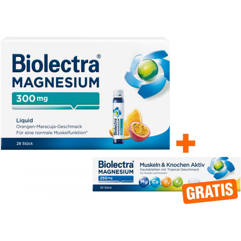 Biolectra Magnesium 300 mg Liquid 28 Trinkfläschchen + gratis Biolectra Magnesium 250 mg Aktiv 30 Kautabletten