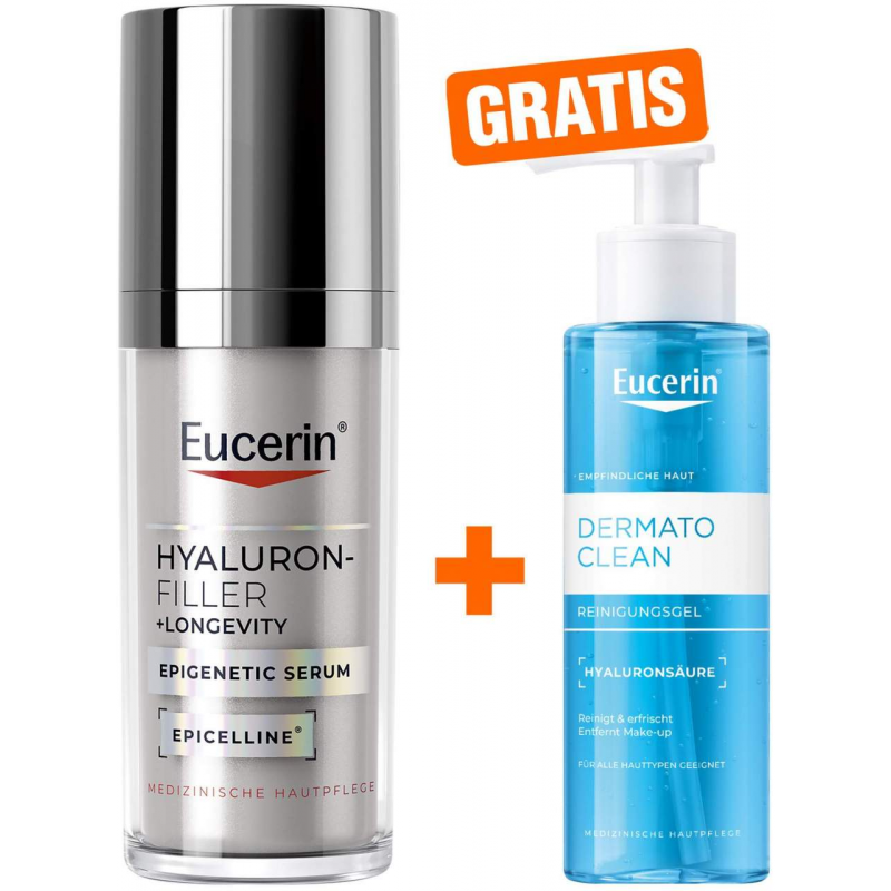 Eucerin Hyaluron - Filler + Longevity Epigenetic Serum 30 ml + gratis Eucerin DermoClear Hyaluron Reinigungsgel 200 ml