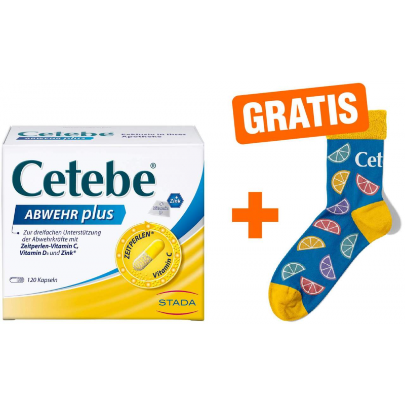 Cetebe Abwehr plus Vitamin C + Vitamin D3 + Zink 120 Kapseln + gratis Kuschelsocken