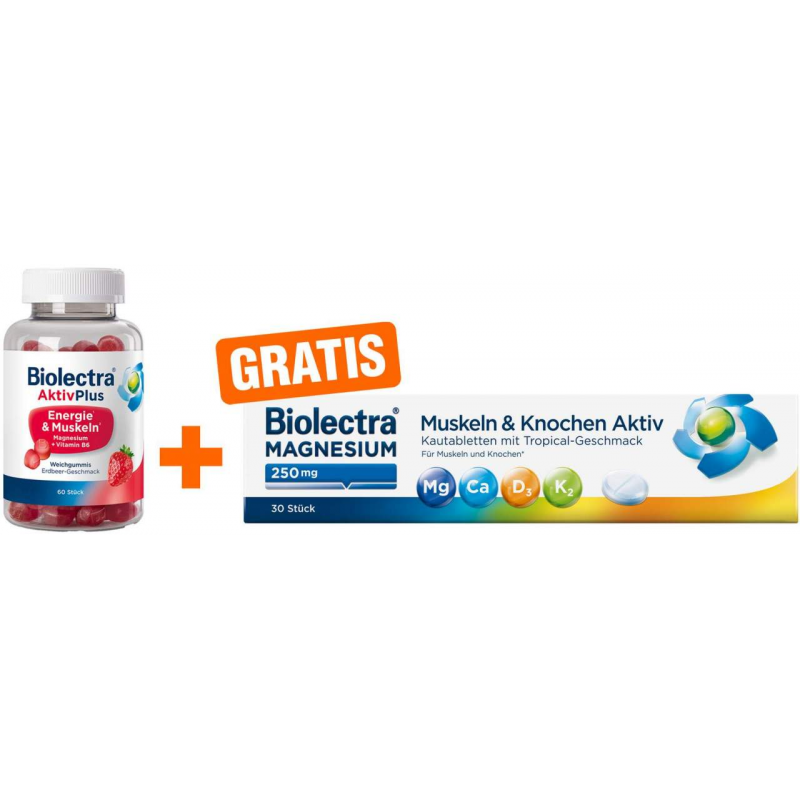 Biolectra AktivPlus Energie & Muskeln Erdbeere 60 Weichgummis + gratis Biolectra Aktiv Magnesium 250 30 Kautabletten