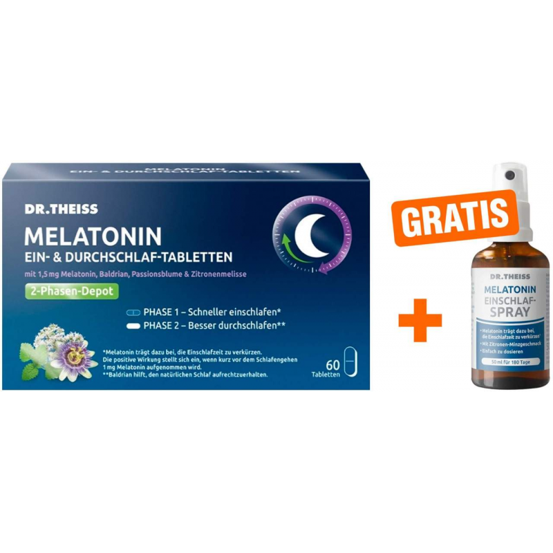 Dr.Theiss Melatonin Ein- & Durchschlaf Tabletten 60 Stück + Melatonin Einschlafspray 50 ml