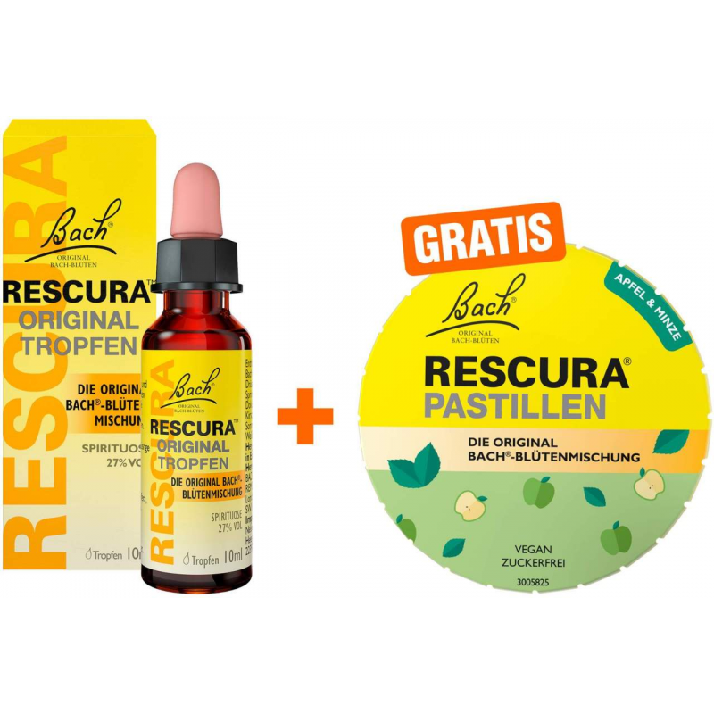 Bach Original Rescura mit Alkohol 10 ml Tropfen + gratis Bach Original Rescura Apfel - Minze 50 g Pastillen