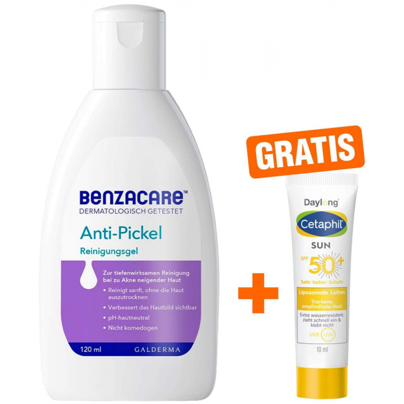 Benzacare Anti-Pickel Reinigungsgel 120 ml + gratis Cetaphil Sun Daylong SPF 50+ liposomale Lotion 10 ml