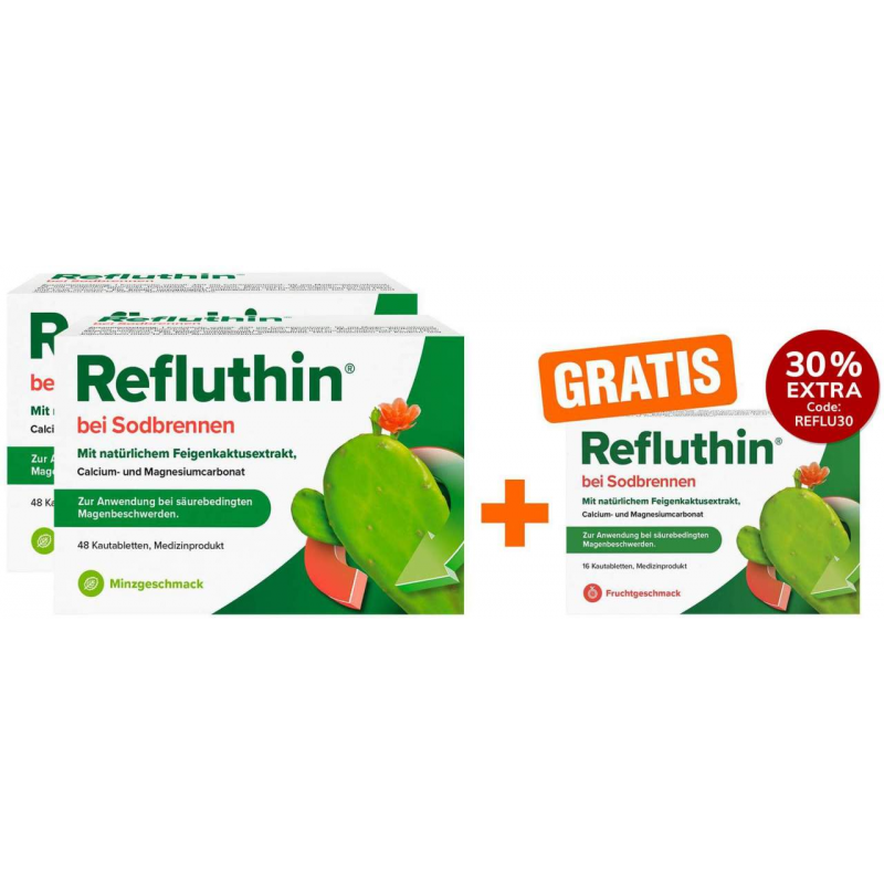 Refluthin Kautabletten Minzgeschmack 2 x 48 Stück + gratis Refluthin Kautabletten Fruchtgeschmack 16 Stück
