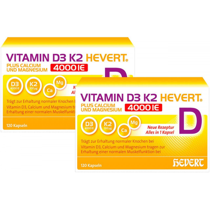 Vitamin D3 K2 Hevert + Calcium und Magnesium 4000IE 2 x 120 Kapseln